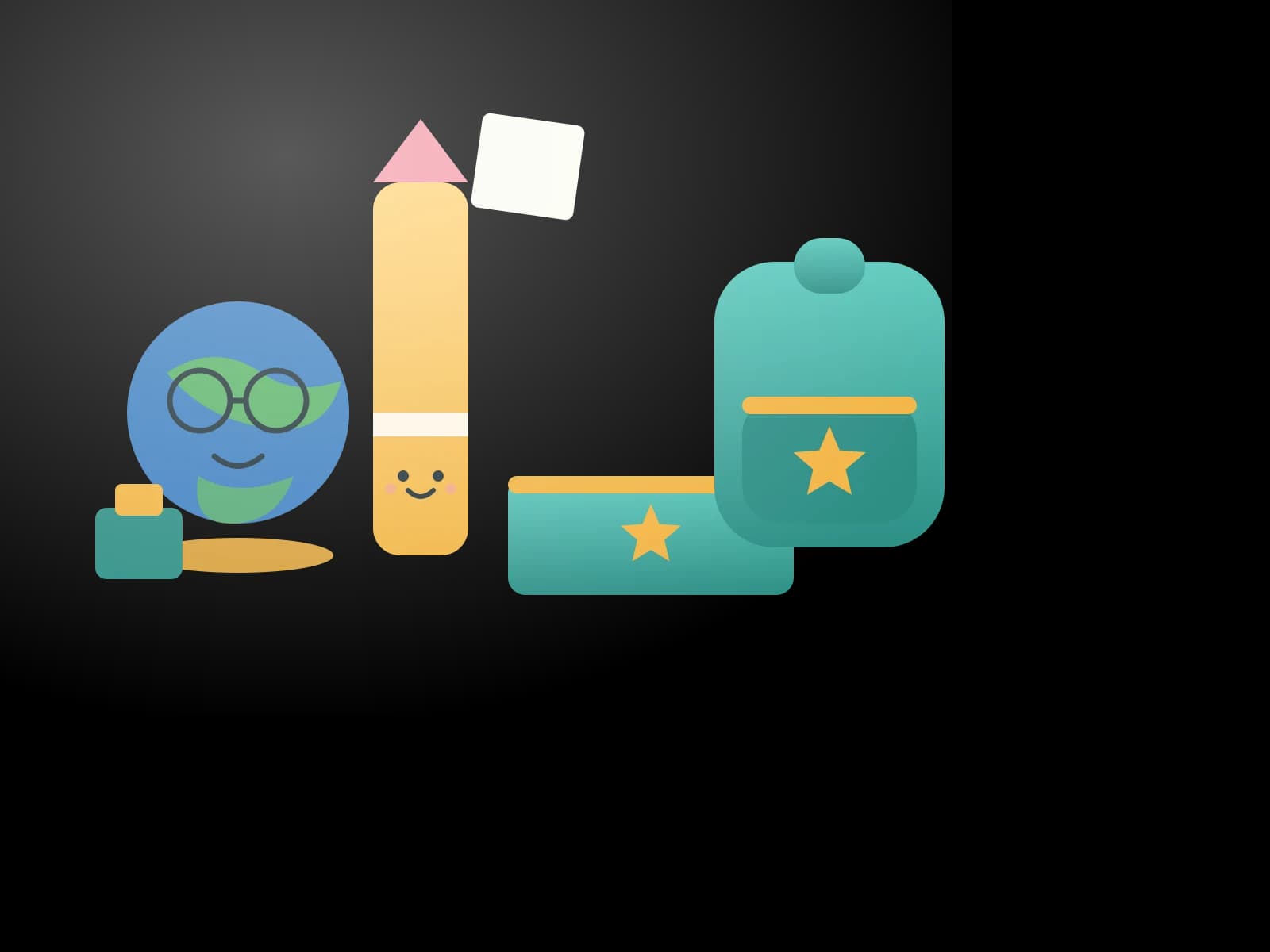3D illustration of a smiling globe, a pencil character, a teal notebook, a teal backpack and an ink bottle