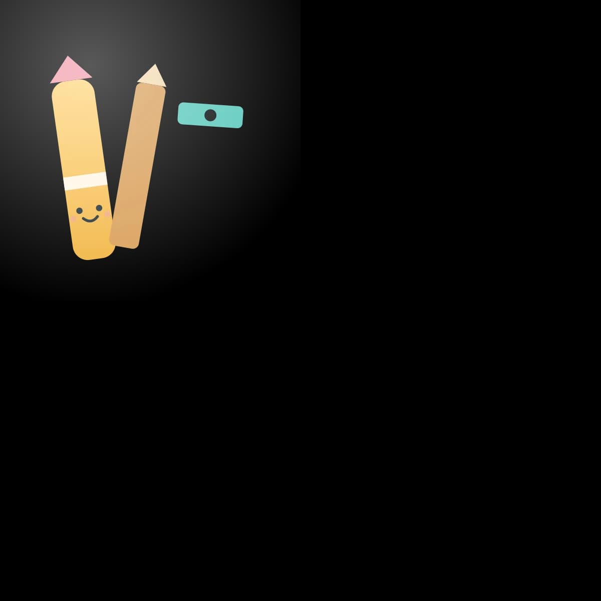 A smiling yellow pencil character with a pink eraser beside a plain wooden pencil and a teal ruler